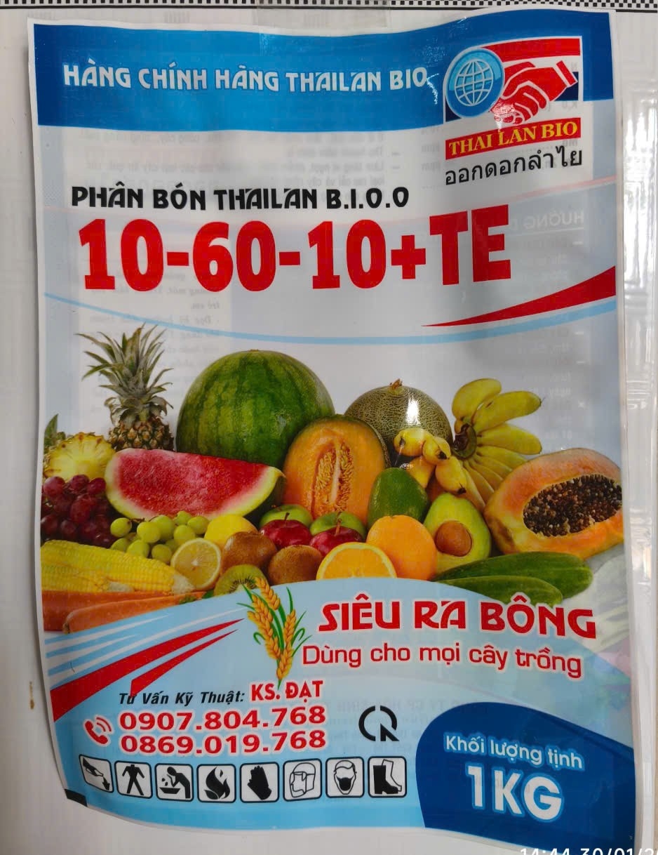 Phân bón ThaiLan Bio 10-60-10 + TE – Siêu ra bông (gói 1kg)